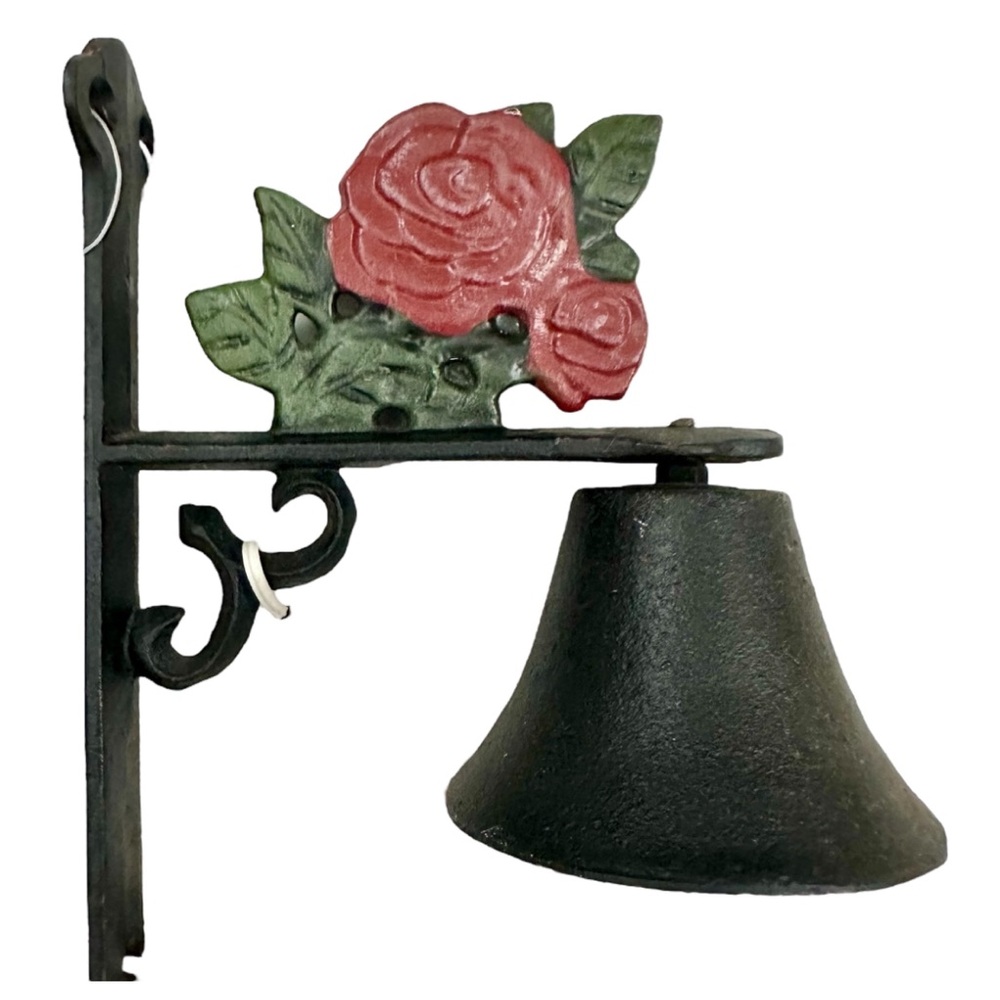 Vintage Cast Iron Dinner Bell with Red Rose Design
